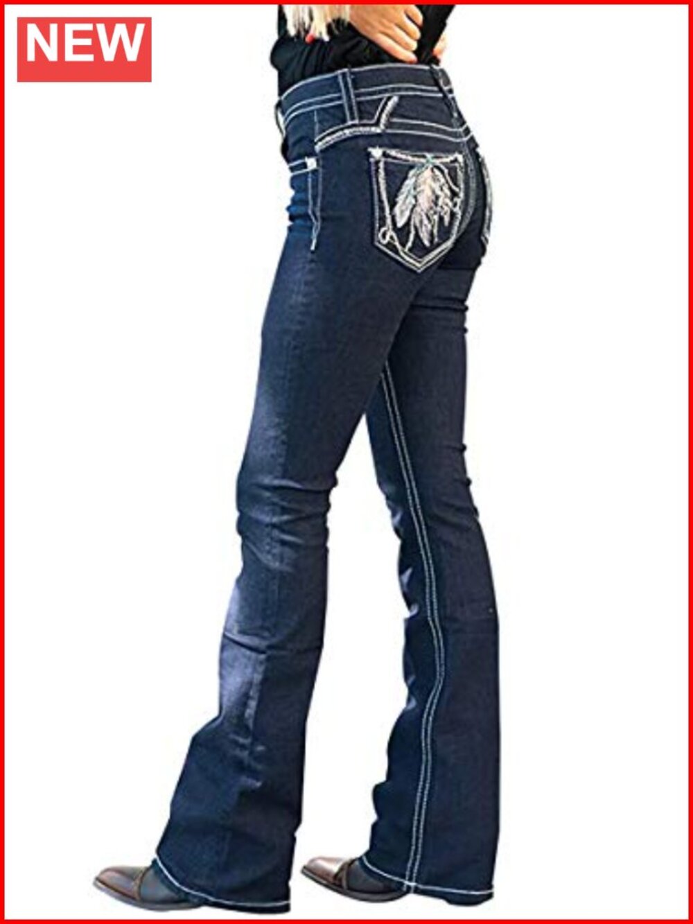 Women's High Rise Feather Embroidery Bootcut Jeans Stretchy Denim Pants